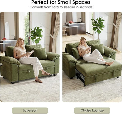 WorthFurni 61” Pull Out Couch, 2 in 1 Sleeper Sofa Bed with Throw Pillow, Convertible Small Loveseat Sleeper Couch for Living Room, Bedroom, Apartment (Green)