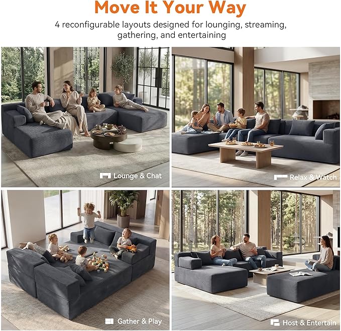 MONVANE 141" U Shaped Cloud Sectional Couch with Chaise Lounge, Modular Sectional Sofa with Removable Armrests, Comfy Corduroy Boneless Couches for Living Room, No Assembly Required, Grey