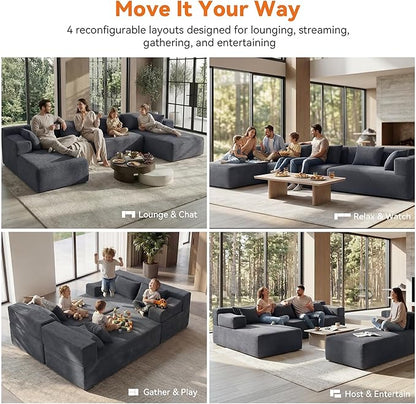 MONVANE 141" U Shaped Cloud Sectional Couch with Chaise Lounge, Modular Sectional Sofa with Removable Armrests, Comfy Corduroy Boneless Couches for Living Room, No Assembly Required, Grey