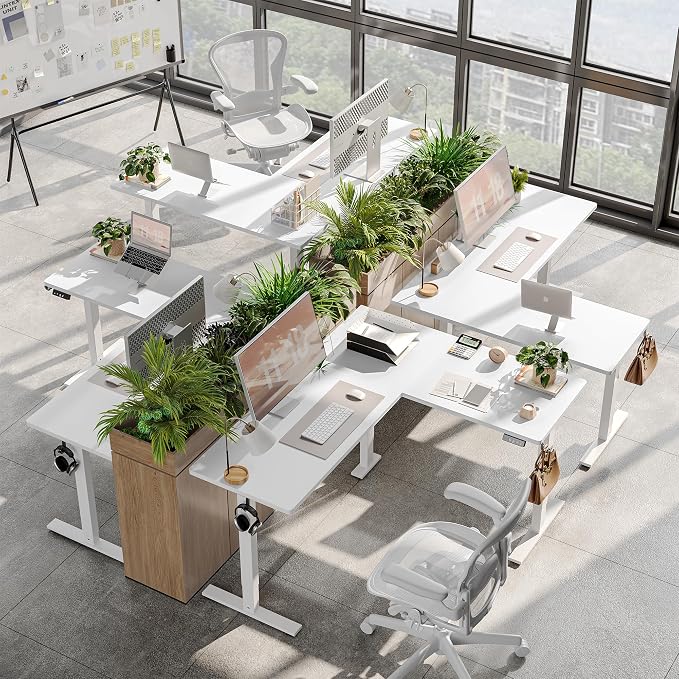 TIQLAB L Shaped Standing Desk Adjustable Height, Electric Corner Standing Desk, 63 x 55 inch Sit Stand Computer Table with Splice Board, White