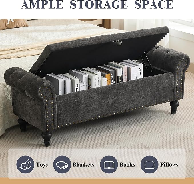 55" Storage Bench for Bedroom, Upholstered Ottoman Bench, Chenille DarkGray | End of Bed Bench for Bedroom, Window Benches for Living Room, Entryway, Ottoman with Large Storage Space, Pet Friendly
