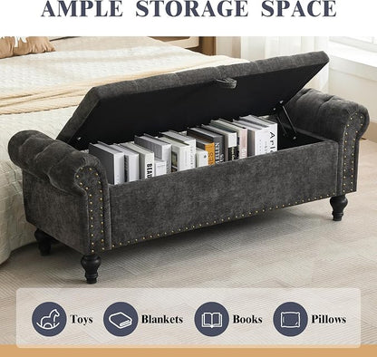 55" Storage Bench for Bedroom, Upholstered Ottoman Bench, Chenille DarkGray | End of Bed Bench for Bedroom, Window Benches for Living Room, Entryway, Ottoman with Large Storage Space, Pet Friendly