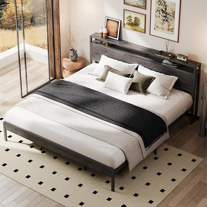LIKIMIO California King Bed Frame with Headboard, Dark Wood Camas California King with Strong Supports, Sturdy, Noise-Free, No Box Spring Needed, Grey