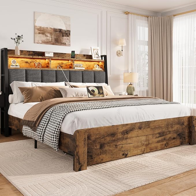 BRELTAM King Size Bed Frame with 2 Storage Drawers, Wood Platform Bed Frame with 2-Tier Storage Headboard Built in Charging Station & LED Light,Noise-Free/Metal Support/No Box Spring Needed,Brown