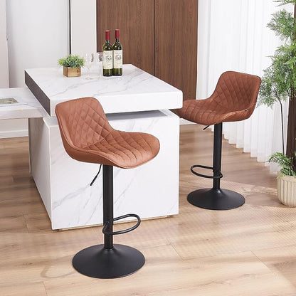 YOUTASTE Coffee Brown Bar Stools Set of 2 Adjustable Counter Height Barstools Faux Leather Bar Stool with Back Swivel Modern Metal Diamond Bar Chairs Home Kitchen Island Restuarant