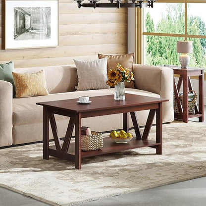 WLIVE Coffee Table with Storage Shelf, 39.4" Farmhouse Coffee Table with V-Frame Support, 2-Tier Wood Rustic Center Table for Living Room, Bedroom & Balcony, Espresso