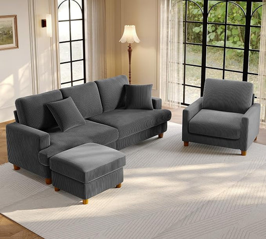 Welzona 87.2" Couches for Living Room, Comfy Sofa Set Tool-Free Setup, Corduroy Couch Set 7.5" Thicker Cushion, Accent Chair with Ottoman 848lbs Support, Sofas for Living Room Home Office, Grey