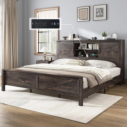AMERLIFE 4 Pieces Farmhouse Bedroom Set, Includes King Size Bookcase Headboard Bed Frame, 5 Drawer Tall Dresser, 47'' Dresser with 4 Drawers, 60" Dresser with 4 Drawers, Black Oak
