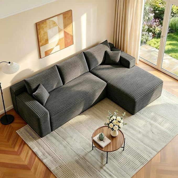 JINGLING 94" L Shape Couch with Right Chaise, Memory Foam Boneless Sectional Sofa in a Box, No Assembly Modular Small Couches for Small Spaces, Living Room, Apartments, Plush Corduroy, Dark Grey