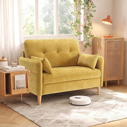 Urhanherry 47" Small Sofa Couch for Bedroom, Soft Chenille loveseat Mini Couch with Throw Pillow and Removable Cushion Cover for Small Spaces, Living Room, Apartment, Dorm, Office(Yellow)
