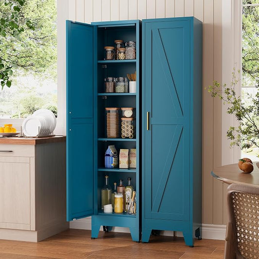 Narrow Bathroom Storage Cabinet Tall Metal Storage Cabinets with 4 Adjustable Shelves Freestanding 5 Tier Slim Pantry Cabinet for Kitchen Office Small Space Blue