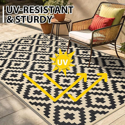 Smiry Waterproof Outdoor Rug 9X18 ft, Reversible Plastic Straw Patio Camping Rugs, Outdoor Indoor RV Mat Carpet for Patio, Outside Entry, Backyard, Deck, Bench, Picnic, Camper, Black & Beige