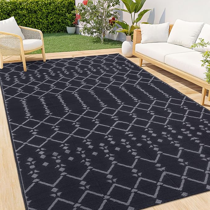 Smiry Outdoor Rug 8x10 ft, Waterproof Reversible Plastic Straw Rugs, Boho Outdoor Area Rug, Outside Floor Mat for Patio, Backyard, Deck, Picnic, Beach, Camping, Dark Grey