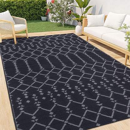 Smiry Outdoor Rug 6x9 ft, Waterproof Reversible Plastic Straw Rugs, Boho Outdoor Area Rug, Outside Floor Mat for Patio, Backyard, Deck, Picnic, Beach, Camping, Dark Grey