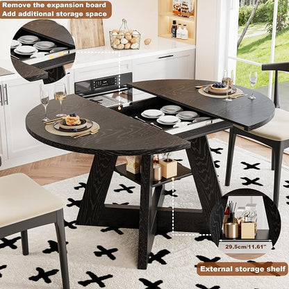 43.3in-59in Extendable Dining Table for 4-6, Round Kitchen Dining Room Table with Removable Leaves Space Saving, Space Saving, Wooden Cross Base with Storage Shelf for Kitchen Living Room (Black)