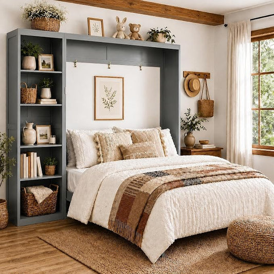 Queen Murphy Bed Cabinet with Storage, Wall Bed with Five-Layer Cabinet, Murphy Cabinet Hidden Bed, Space Saving Cabinet Bed with Dual Piston Mechanism for Apartment, Guest Room, Office (Gray 5)