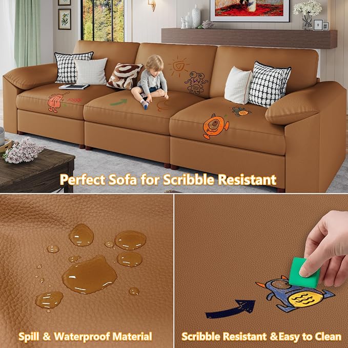 EASE MOOSE Loveseat Sofa for Living Room,Oversized Deep Seat Modular Sectional,Modern Comfy 2 Seater Sofas,Scratch Resistant Faux Leather Couch for Small Spaces, Brown