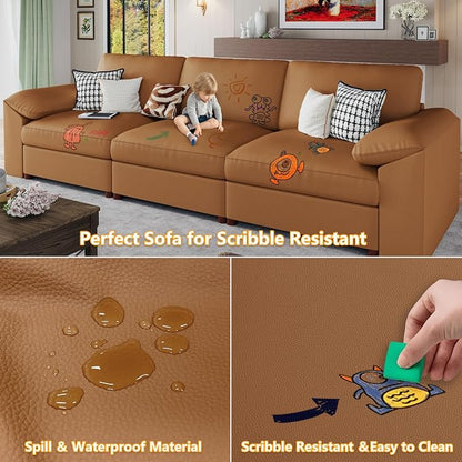 EASE MOOSE Loveseat Sofa for Living Room,Oversized Deep Seat Modular Sectional,Modern Comfy 2 Seater Sofas,Scratch Resistant Faux Leather Couch for Small Spaces, Brown