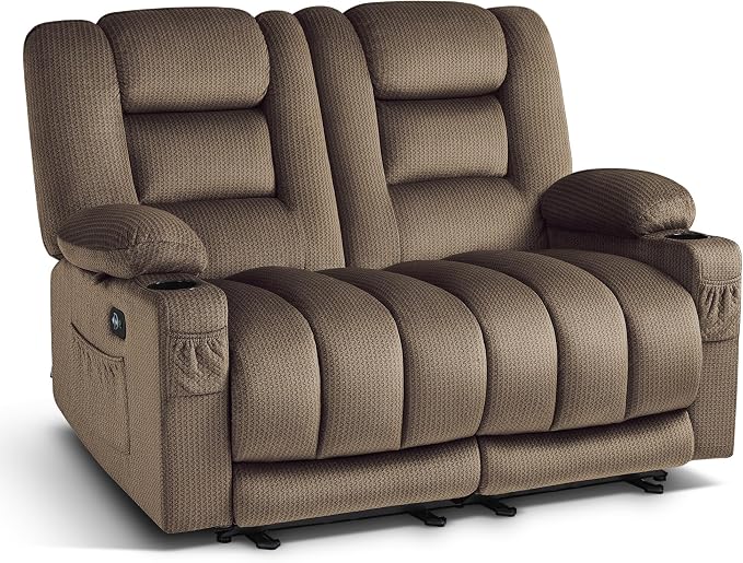 MCombo 55.9" Zero Gravity Power Loveseat Recliner with Heat and Vibration Massage, Reclining Loveseat Sofa with USB Ports, Cup Holders for Living Room, Fabric PR648SET (Dark Brown)