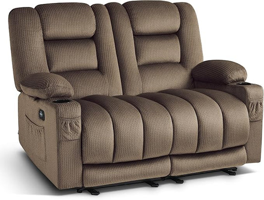 MCombo 55.9" Zero Gravity Power Loveseat Recliner with Heat and Vibration Massage, Reclining Loveseat Sofa with USB Ports, Cup Holders for Living Room, Fabric PR648SET (Dark Brown)