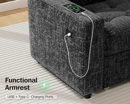 Vipbear 5 Seat L Shaped Modular Sectional Sleeper Sofa Bed with Pull Out Bed/Reclining Backrest/USB Ports/Storage Seat, Sectional Sleeper Couch, Tool-Free Assembly, Chenille Black