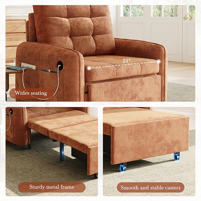 ERYE Modern Foldable Chair Sofa Convertible Pull Out Sleeper Sofabed,Single Seat Tufted Upholstered Sofa Convertible Chaise Lounge Bed with USB-Ports and Side Pockets