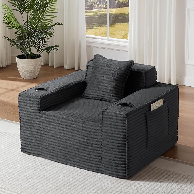 Boneless Sofa Couch with Cup Holders & Side Pockets, Modern Corduroy Fabric Deep Seat Single Cloud Couch for Reading Living Room Office, No Assembly (Grey)