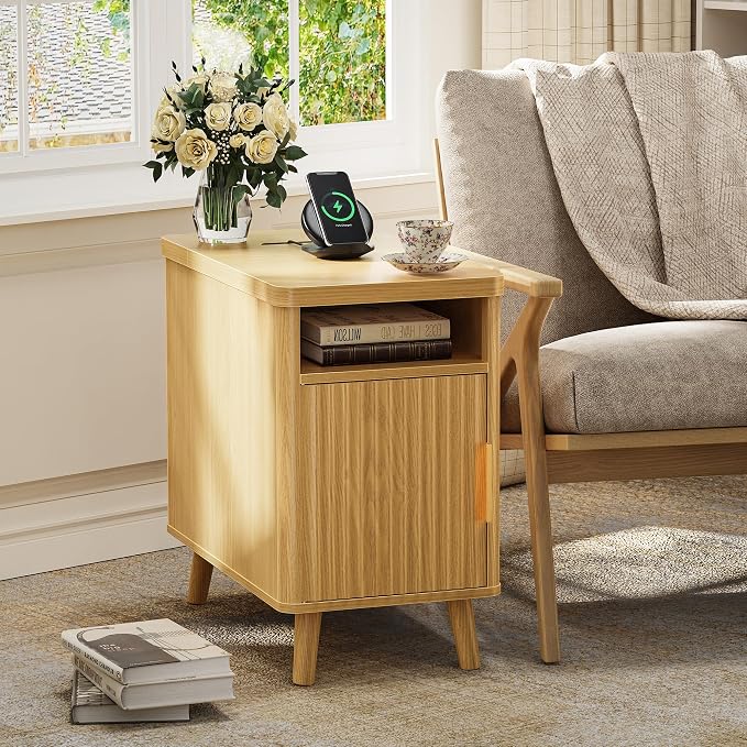 Huuger Narrow Nightstand with Charging Station, USB-C Port, Set of 2 Night Stand, Fluted End Table with Storage Cabinet, Back Rack, Side Table for Small Spaces, 13.4×23.6 Inch, Natural