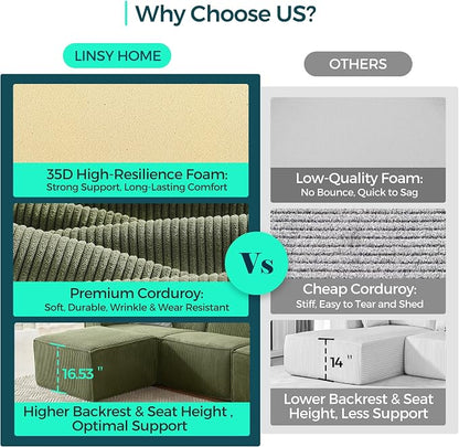 LINSY HOME Modular Sectional Sofa, 105" Boneless 3-Seat Loveseat Sofa Couch, Comfy Corduroy Sectional Cloud Couches for Living Room, No Assembly Required, Green