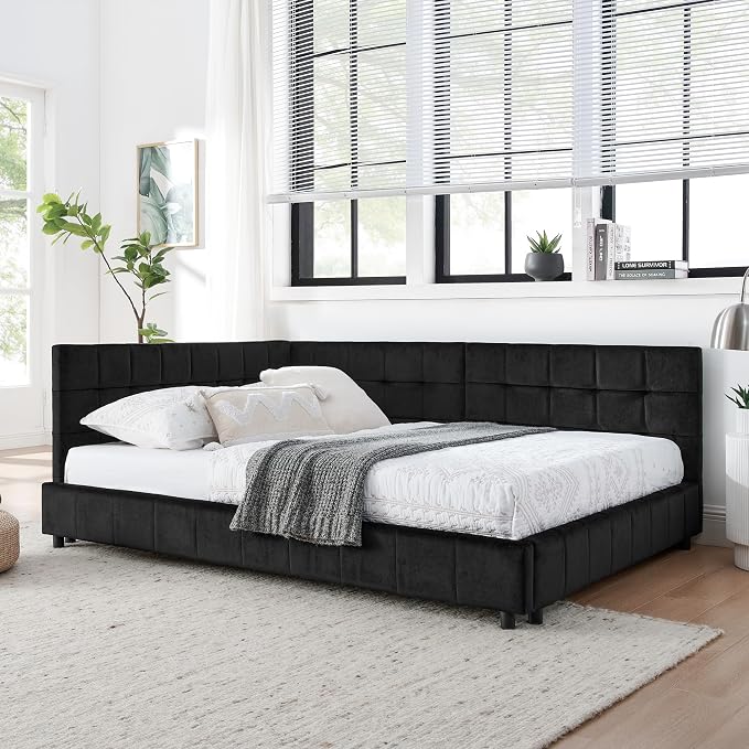 Bellemave Full Size Corner Bed Frame with Comfortable Backrest and Armrests, Velvet Tufted Corner Bed Frame Full Size, Upholstered Daybed for Bedroom, Living Room, Guest Room, Black