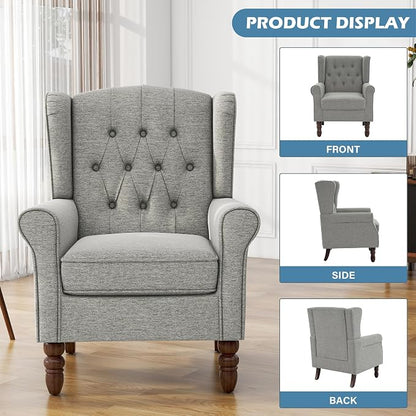 High Back Accent Chairs Set of 2, Upholstered Armchair in Fabric, Retro Wingback Arm Chair for Living Room, Comfy Single Sofa Bedroom Reading Seat with Solid Wood Legs - Light Gray