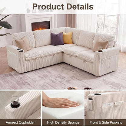 Sectional Sleeper Sofa with Pull Out Bed, Plush Corduroy 5 Seat Modular Sectional Sofa with Storage Chaise and Adjustable Backrest, Cloud Couches for Living Room, Apartment, Beige