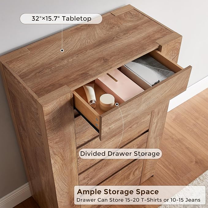 OKD 5 Drawer Dresser for Bedroom, 48" Tall Dresser Chest of Drawers with Thick Wood Design, Handleless, Modern Bedroom Dresser, Storage Organizer for Living Room/Entryway, Light Knotty Wood
