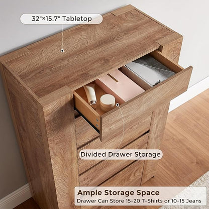 OKD 5 Drawer Dresser for Bedroom, 48" Tall Dresser Chest of Drawers with Thick Wood Design, Handleless, Modern Bedroom Dresser, Storage Organizer for Living Room/Entryway, Light Knotty Wood