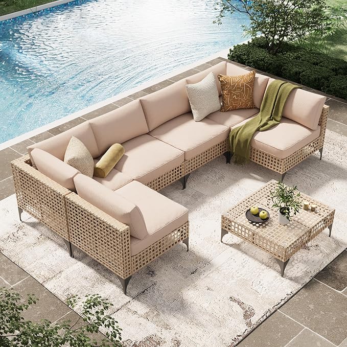 U-MAX 7-Piece Patio Furniture Set with Tea Table, Boho Outdoor Furniture Set Sectional Sofa Wicker Conversation Set with Light Brown Rattan&Beige