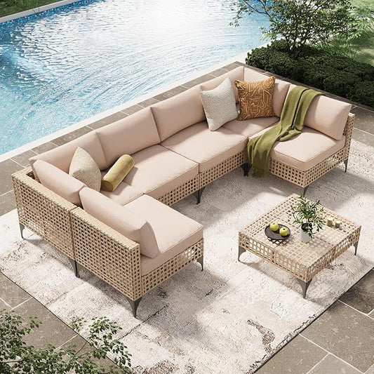 U-MAX 7-Piece Patio Furniture Set with Tea Table, Boho Outdoor Furniture Set Sectional Sofa Wicker Conversation Set with Light Brown Rattan&Beige