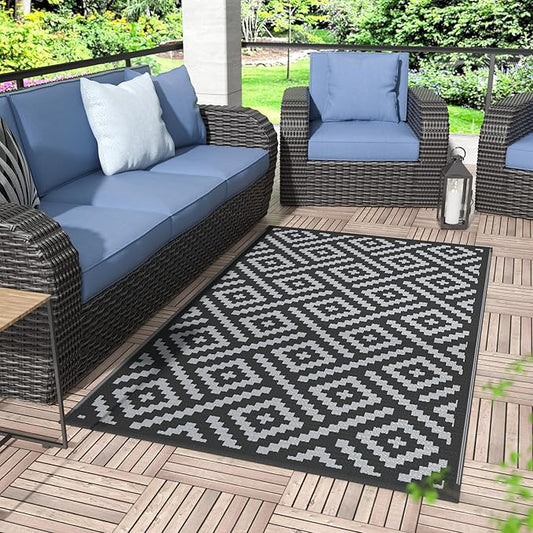 GENIMO Outdoor Rugs 3'x5' Waterproof, Reversible Mats, Outdoor Area Rug, Plastic Outside Carpet, Eeometric Rv Mat for Patio Camping Rv Picnic Backyard Deck Balcony Porch Beach Trailer (Black & Grey)