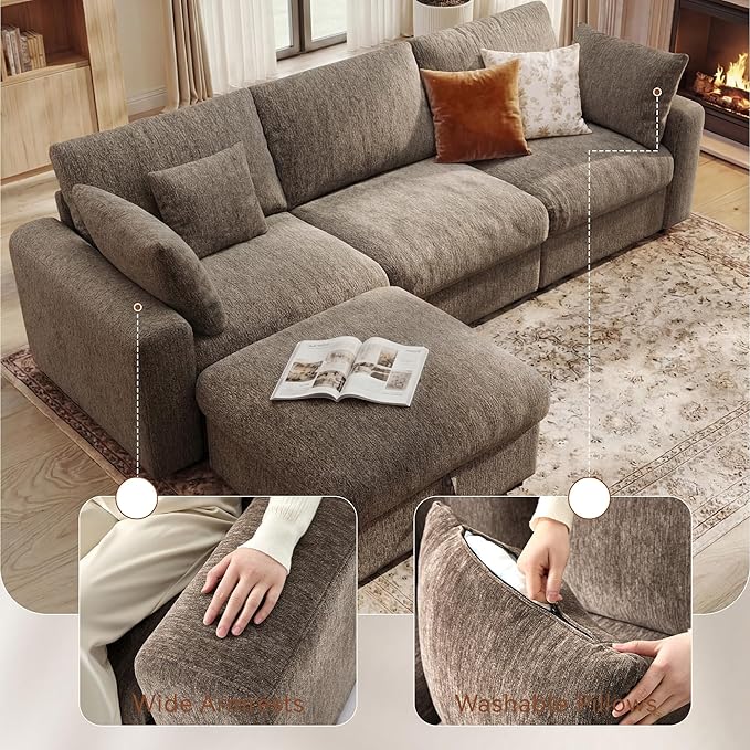 Ihanherry Cloud Sectional Couches for Living Room, 110" Large Modular Sectional Sofa with Wide Deep Seat, L Shaped Couch with Throw Pillow and Storage Ottoman, Brown
