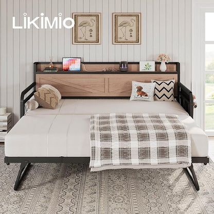 LIKIMIO Twin Daybed, Day Beds with Pop Up Trundle, Storage Headboard with Charging Station, Strong Supports for Apartment and Other Small Space, Wood Color