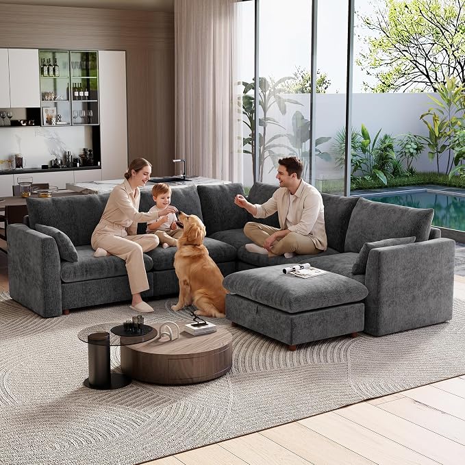 Ihanherry 111" Oversized Modular Sectional Sofa, Modern V Shaped Cloud Couch with Storage Ottoman, 6-Seat Comfy Chenille Deep Seat Sofa with 2 Pillows for Living Room, Grey