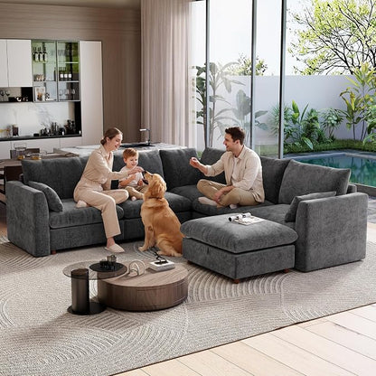 Ihanherry 111" Oversized Modular Sectional Sofa, Modern V Shaped Cloud Couch with Storage Ottoman, 6-Seat Comfy Chenille Deep Seat Sofa with 2 Pillows for Living Room, Grey