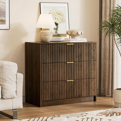 Furniway 3 Piece Bedroom Set, 9 Drawer Dresser and 3-Drawer Nightstand Set of 2 with Gold Handles, Mid-Century Modern Wood Chest of Drawers Storage Cabinet for Bedroom, Walnut