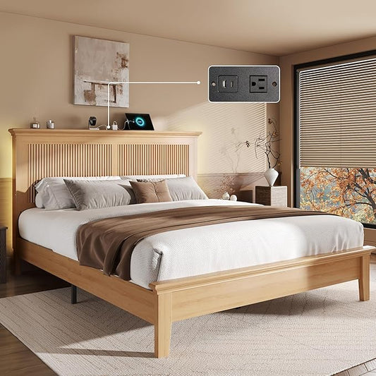 Lifezone Wood Queen Bed, Solid Wood Bed with Tall Headboard, American Vintage Design, Queen Bed with Charging Station & RGB LED, Wood Slats Support,Noise-Free,Sturdy Structure,Easy Assembly, Natural