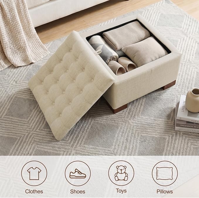 24 Inch Square Storage Ottoman Coffee Table, Modern Tufted Upholstered Ottoman with Flip Tray and Solid Wood Legs, Suitable for Living Rooms, Linen Khaki