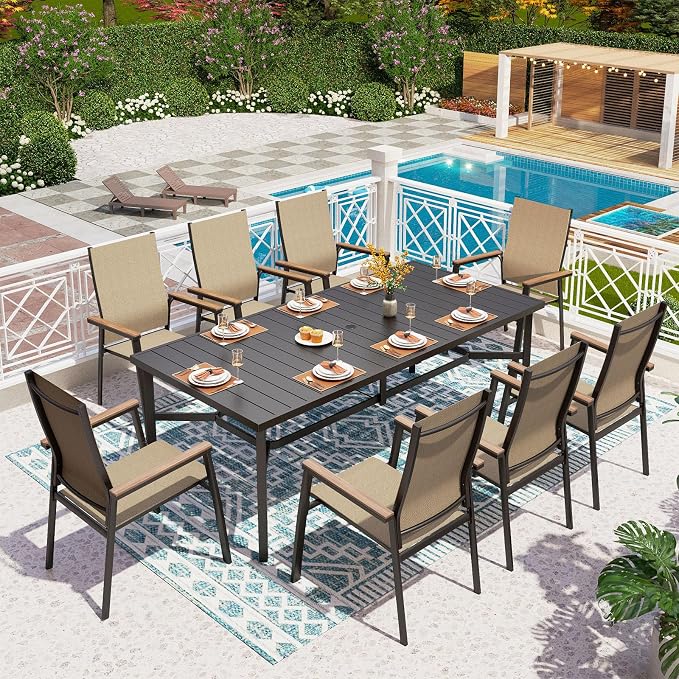 PHI VILLA 9PCS Outdoor Table and Chairs Set, Outdoor Furniture, Stackable Aluminum Dining Chairs and Extended Metal Table, Breathable and Quick-Dry Fabric, Waterproof, Ideal for Garden, Patio, Beige
