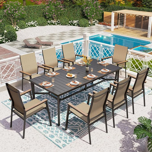 PHI VILLA 9PCS Outdoor Table and Chairs Set, Outdoor Furniture, Stackable Aluminum Dining Chairs and Extended Metal Table, Breathable and Quick-Dry Fabric, Waterproof, Ideal for Garden, Patio, Beige
