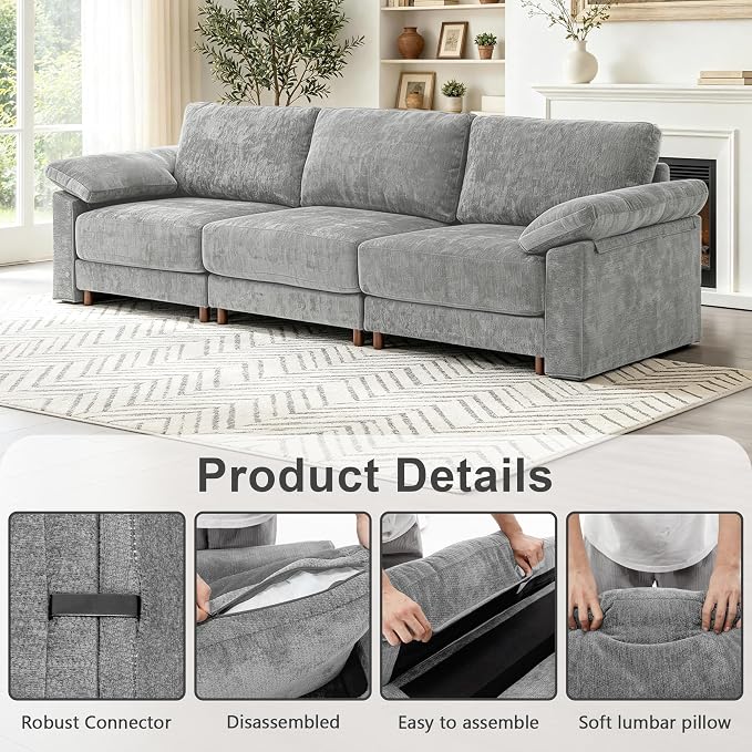Oversized L Shaped Sectional Couch for Living Room, Extra Large Deep Seat Modular Sectional Sofa with Washable Covers, Modern Cloud Couch for Apartment, Bedroom (Light Gray, 3 Seater)