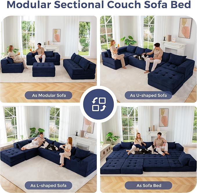 MAXYOYO Modular Sectional Sofa Couch, Foldable U Shaped Cloud Couch with Pillows, Tufted 7-Seat Boneless Lounger Floor Sofa Bed for Living Room, No Assembly Required, Navy