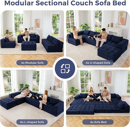 MAXYOYO Modular Sectional Sofa Couch, Foldable U Shaped Cloud Couch with Pillows, Tufted 7-Seat Boneless Lounger Floor Sofa Bed for Living Room, No Assembly Required, Navy