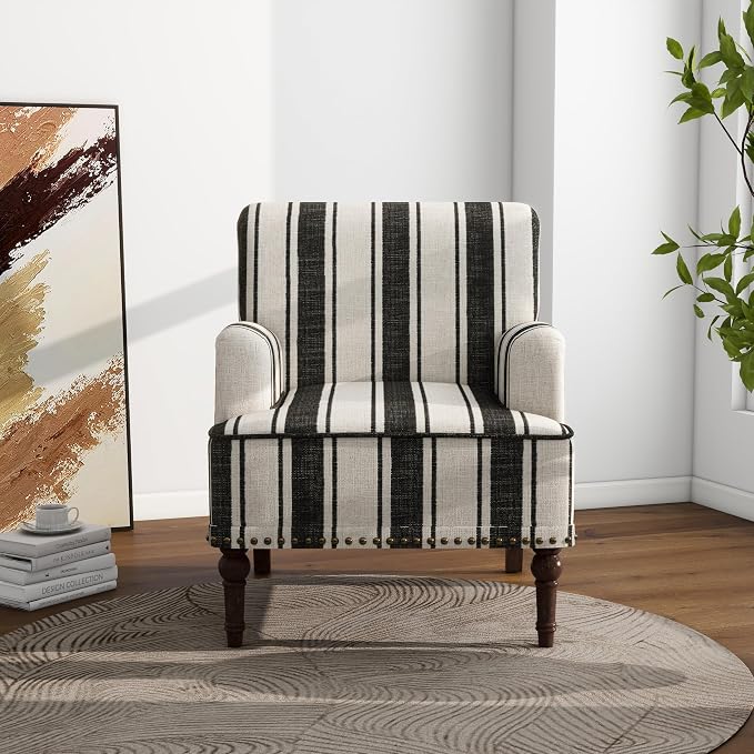 Accent Chair, Mid Century Modern Comfy Armchair for Living Room, Linen Fabric Single Sofa Lounge for Reading Bedroom Apartment Waiting Room with Wood Legs (Black Stripe, Set of 2)